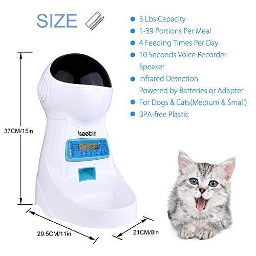 Iseebiz Automatic Cat Feeder 3L Pet Food Dispenser Feeder for Medium & Large Cat Dog--4 Meal, Voice Recorder & Timer Programmable, Portion Control