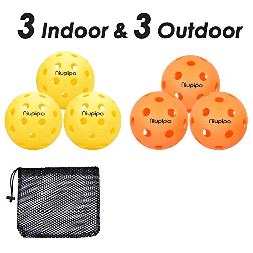 niupipo Indoor and Outdoor Pickleball Balls, Professional Pickleball Balls Set of 3 Indoor Pickleballs and 3 Outdoor Pickleballs, Highly Durable, Maximum Bounce Pop and Precise Flight Path