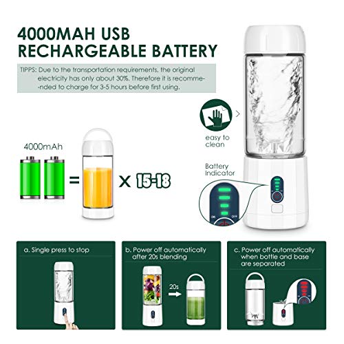 REDMOND Smoothie Blender, 4000mAh Portable USB Rechargeable Blender with 480ml Glass Travel Bottle, 6 Stainless Steel Powerful Blades, Battery Indicator for Shakes and Smoothies Outdoor, White BL015