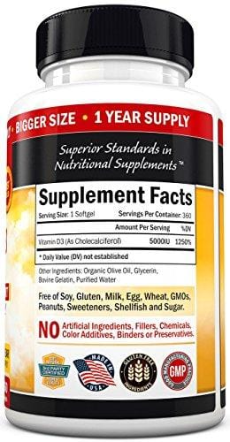 Vitamin D3 5,000 IU. Superior Absorption. 360 Tiny Softgels. Gluten Free & Non-GMO Best Vitamin D3 Supplement. Healthy Muscle Function, Bone Health and Immune Support. Made in USA