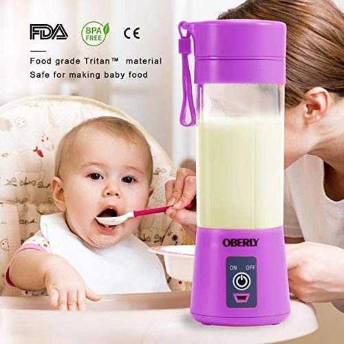 Portable Blender, OBERLY Smoothie Juicer Cup - Six Blades in 3D, 13oz Fruit Mixing Machine with 2000mAh USB Rechargeable Batteries, Ice Tray, Detachable Cup