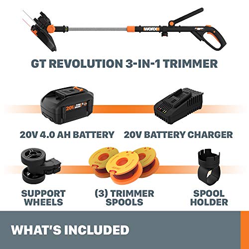Worx WG170.3 GT Revolution 20V PowerShare 12" Grass Trimmer/Edger/Mini Mower 4.0Ah Battery and Charger Included,Black and Orange