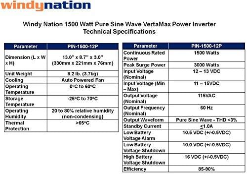 VertaMax Pure SINE Wave 1500 Watt (3000W Surge) 12V Power Inverter DC to AC Power (Cables + Remote Control Switch + ANL Fuse) - Solar, RV