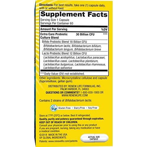 Renew Life Adult Probiotic - Ultimate Flora Extra Care, Shelf Stable Probiotic Supplement - 30 billion - 60 Vegetable Capsules (Packaging May Vary)