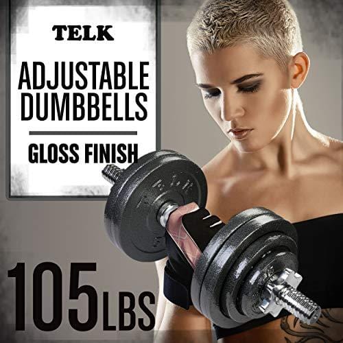 TELK Adjustable Dumbbells (105 LBS Pair) with Gloss Finish and Secure Collars, 65 with Connector, 105 to 200 lbs