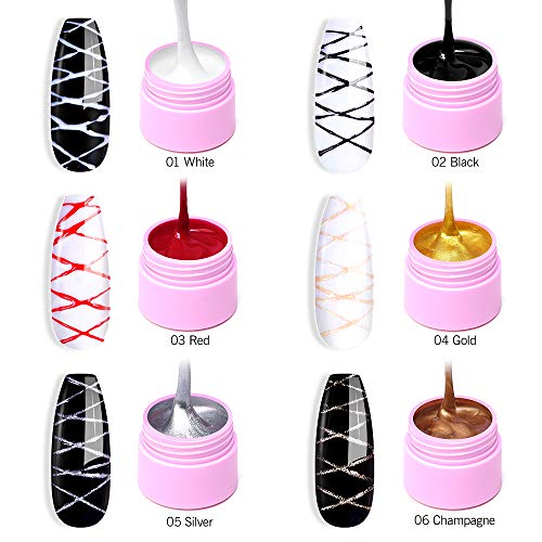 AZUREBEAUTY 6 Colors Spider Gel,Matrix Gel with Gel Paint Design Nail Art Wire Drawing Nail Gel for Line,Require LED UV Nail Dryer Lamp(White Black Red Gold Silver Champagne)