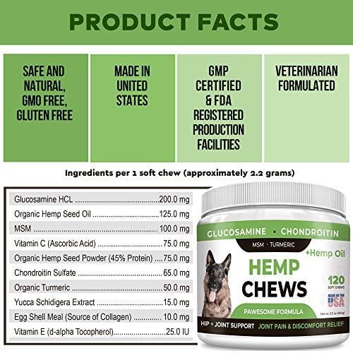 Pawesome Hemp + Glucosamine for Dogs - Hip & Joint Supplement - w/ Hemp Oil + Protein - Chondroitin, MSM, Turmeric to Improve Mobility & Energy - Natural Joint Pain Relief, 120 Soft Chews