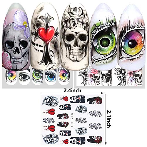 Halloween Nail Stickers Day of the Dead Water Transfer Nail Decals 25 Sheets Skull Ghost Eye Hulk Clown Witch Nail Art Stickers Halloween Party Supply Favors Nail Tips Charms Decoration