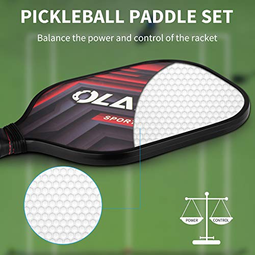 OLANNY Pickleball Paddles Set | Pickleball Set Includes 4 Pickleball Paddles + 6 Balls+ 4 Replacement Soft Grip + 1 Portable Carry Bag | Premium Rackets Face & Polymer Honeycomb Core