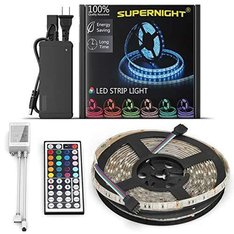SUPERNIGHT LED Strip 16.4Ft 5050 Waterproof 300leds Adhesive Rope Lights,RGB Color Changing Kit with LED Flexible Strip and 44 Key Remote Control and 12V DC 5A Power Supply