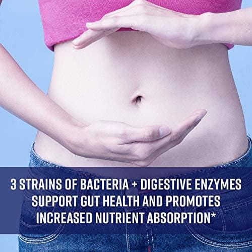 Digestive Enzymes + Probiotics Supplement Designed to Decrease Bloating and Flatulence with Protease Enzyme, Bromelain, and Papain; Digestion Aid with Three Powerful Strains of Bacteria; NON-GMO