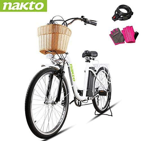 NAKTO 26" 250W City-Electric Bicycle Sporting Shimano 6-Speed Gear E-Bike 36V 10A Lithium Battery
