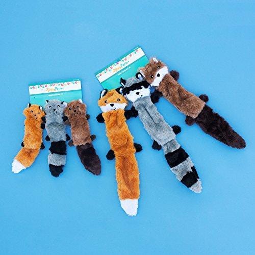 ZippyPaws - Skinny Peltz No Stuffing Squeaky Plush Dog Toy, Fox, Raccoon, and Squirrel - Large