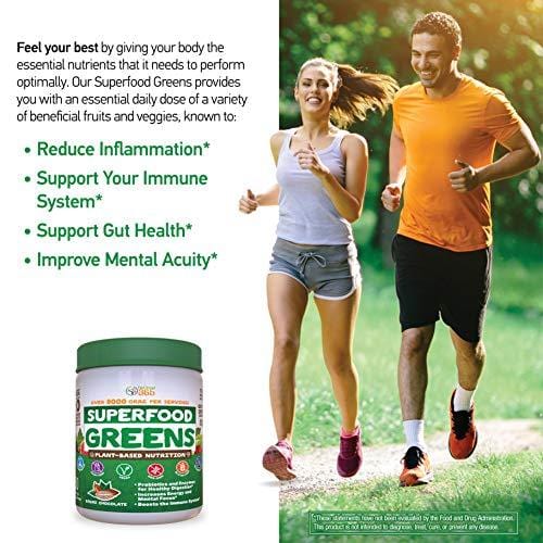 Superfood Vital Greens Powder - Cocoa Chocolate by Feel Great 365, Doctor Formulated, Organic, Whole30 Friendly, and Vegan, 100% Non-GMO with Real Green Vegetables, Polyphenols, and Probiotics