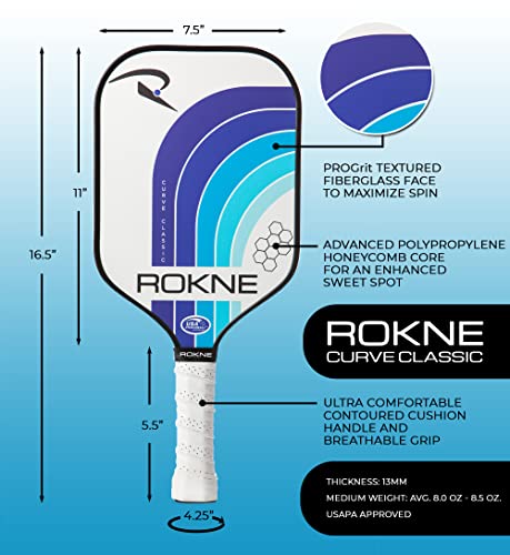 ROKNE Curve Pickleball Paddle | USAPA Approved Fiberglass Pickleball Paddles | Elevate Game with Precision Engineering & Comfort | ProGrit Texture for Max Spin & Power | Pickleball Paddle Blue