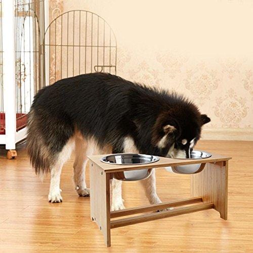 FOREYY Raised Pet Bowls for Medium and Large Dogs - Bamboo Elevated Dog Cat Food and Water Bowls Stand Feeder with 2 Stainless Steel Bowls and Anti Slip Feet (New 10'' Tall)