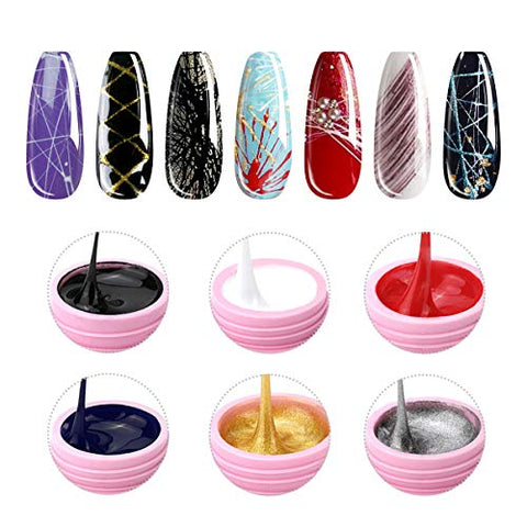 6 Colors Spider Gel, Saviland matrix Gel with Gel Paint Design Nail Art Wire Drawing Gel for Line (White black red blue yellow silver)