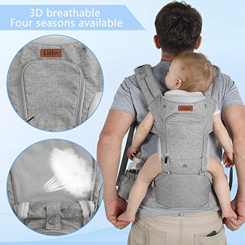 Lictin Baby Carrier 6-in-1 Ergonomic Backpack Carry with Hip Seat for Infants from 3.5KG to 20KG with 2 Cotton Bibs, 1 Pacifier Chain, with CE ASTM Certificated Tummy Carrier for Hiking, Shopping