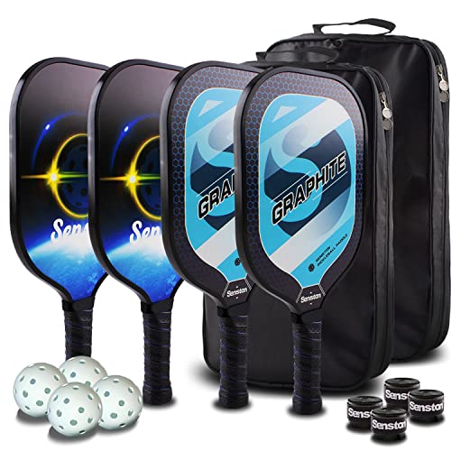 Senston Graphite Pickleball Paddles 4 Pack - Premium Graphite Carbon Fiber Face/Polymer Honeycomb Core Pickleball Paddles Set of 4 Pickleball Paddles Pro; 4 Outdoor Balls; 4 Grips; 2 Racket Covers