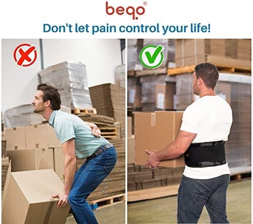 Beqo Back Brace for Lower Back Pain with Removable Lumbar Pad | Back Pain Relief Support Belt for Men & Women | Secure Fastener, Non-Slip Silicone Straps, Breathable Mesh, Adjustable Panels - Size L