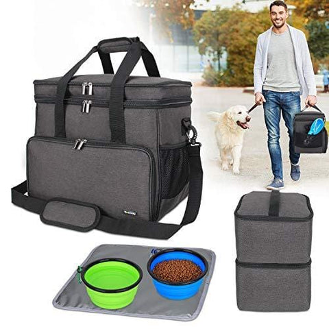 Teamoy Double Layer Dog Travel Bag with 2 Silicone Collapsible Bowls, 2 Food Carriers, 1 Water-Resistant Placemat, Pet Supplies Weekend Tote Organizer(Large, Black)