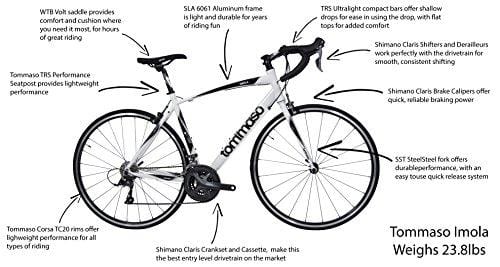 Tommaso Imola Endurance Aluminum Road Bike, Shimano Claris R2000, 24 Speeds - White - Medium