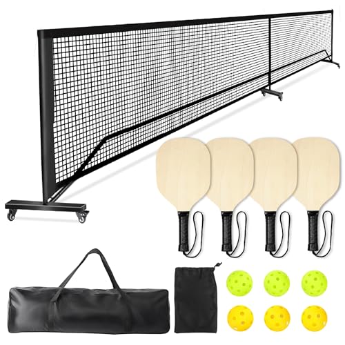 Pickleball Set with Net, Rengue Pickleball Net with Wheels for Driveway Backyard,22FT Regulation Size,4 Pickleball Paddles & 6 Balls, 1 Carry Bag, 1 Ball Bag, Pickleball Set for Indoor Outdoor Play