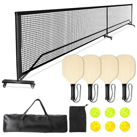 Pickleball Set with Net, Rengue Pickleball Net with Wheels for Driveway Backyard,22FT Regulation Size,4 Pickleball Paddles & 6 Balls, 1 Carry Bag, 1 Ball Bag, Pickleball Set for Indoor Outdoor Play