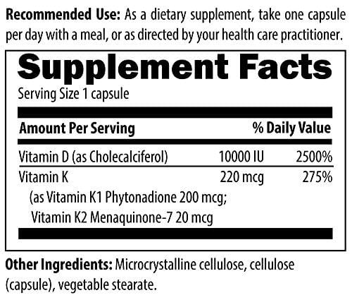 Designs for Health 10000 IU D3 - Vitamin D Ultra 10k, High Potency D3 with Vitamin K1 + K2 MK7 (60 Capsules)