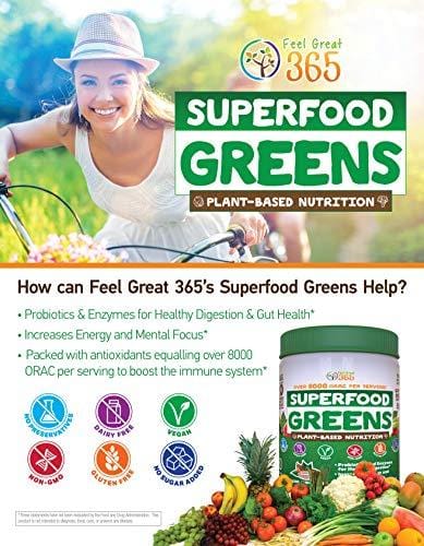 Superfood Vital Greens Powder - Cocoa Chocolate by Feel Great 365, Doctor Formulated, Organic, Whole30 Friendly, and Vegan, 100% Non-GMO with Real Green Vegetables, Polyphenols, and Probiotics