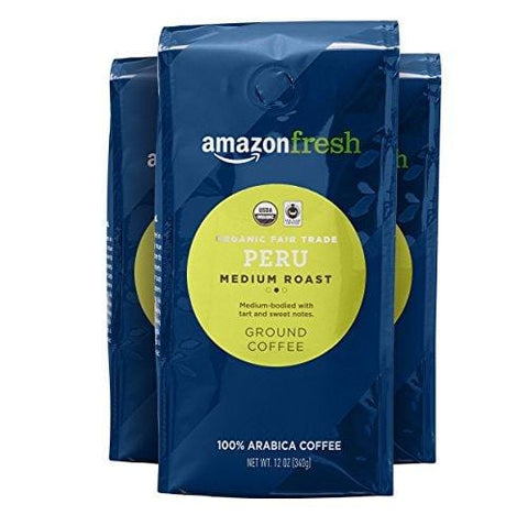 AmazonFresh Organic Fair Trade Peru Ground Coffee, Medium Roast, 12 Ounce (Pack of 3)