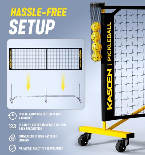 Kascen Portable Pickleball Net with Wheels - 22FT USAPA Pickleball Net for Driveway, Pickle Ball Net System with Exclusive Ball Holder & 4 Pickleballs, Pickleball Net for Outdoor Indoor Backyard Black