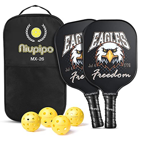 niupipo Pickleball Paddles, USA Approved Pickleball Paddles Set of 2 Pickleball Rackets 4 Pickleball Balls 1 Portable Bag, Polypropylene Honeycomb Core, Graphite Carbon Face, Cushioned 4.5In Grip