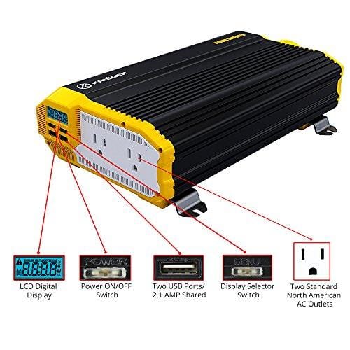 KRIËGER 1100 Watt 12V Power Inverter Dual 110V AC Outlets, Installation Kit Included, Automotive Back Up Power Supply For Blenders, Vacuums, Power Tools MET Approved According to UL and CSA.