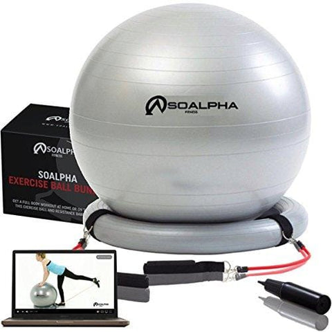 SoAlpha Premium Exercise Ball with 15LB Resistance Bands, Stability Base, Pump, 65 cm Fitness Ball, Supports up to 600LBS, Stability Ball with Gym Quality Resistance Bands, Complete Home Gym Bundle