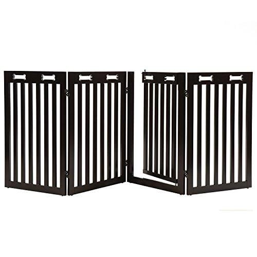 Arf Pets Free Standing Wood Dog Gate with Walk Through Door, Expands Up to 80" Wide, 31.5" High - Bonus Set of Foot Supporters Included - Upgraded 2019 Stronger Model