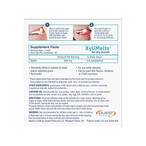 OraCoat XyliMelts Dry Mouth Relief Moisturizing Oral Adhering Discs Mild Mint with Xylitol, for Dry Mouth, Stimulates Saliva, Non-Acidic, Day and Night Use, Time Release for up to 8 Hours, 40 Count