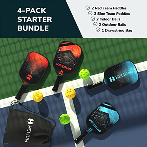 Helium Versus 4-Pack Pickleball Set - Honeycomb Core, Graphite Strike Face, Premium Comfort Grip - Set of Four Paddles, 2 Green Indoor Balls, 2 Yellow Outdoor Balls & Drawstring Bag