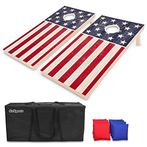 GoSports Regulation Size Solid Wood Cornhole Set – American Flag Design – Includes Two 4’ x 2’ Boards, 8 Bean Bags, Carrying Case and Game Rules