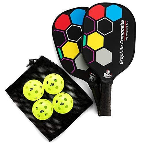 Day 1 Sports Premium Pickleball Set - 2 Paddle Set with Mesh Carry Bag, 4 Balls Durable Pickle Ball Paddles with Cushion Comfort Grip and Accessories - Graphite-Face Racquets, Pickleballs