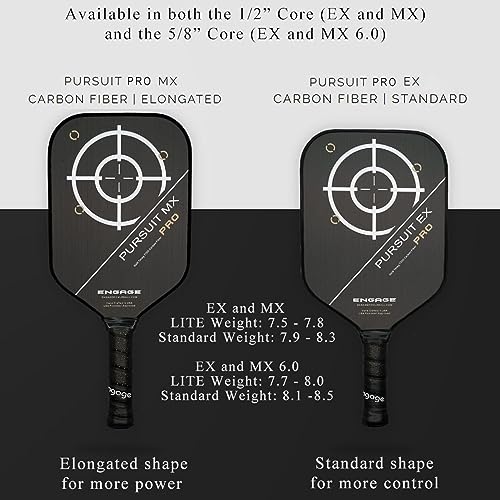Engage Pursuit Pro MX 6.0 Pickleball Paddle – Elongated Shape, Raw T700 Toray Carbon Fiber Face, 16mm Control Pro “Black” Core, Vortex Barrier Edge Technology Limits Vibration – Standard Weight