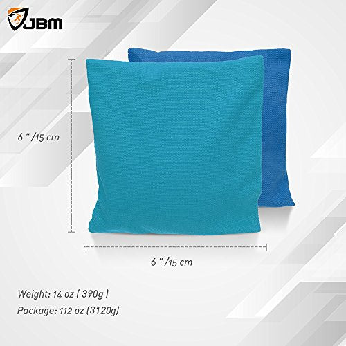 JBM Cornhole Bag (Pack of 8) Weather Resistant Cornhole Bags with Recycled Plastic Pellets for Tossing Corn Hole Game - Free Carrying Bag Included (Blue & Navy, 14OZ)