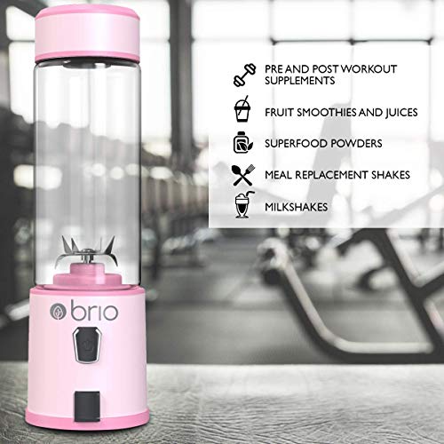 Brio Portable Blender for Shakes and Smoothies - Personal Blender for Gym & Healthy Lifestyle, Glass Smoothie Blender - Mini Blender 450mls, Electric Protein Shaker Bottle, Travel Blender