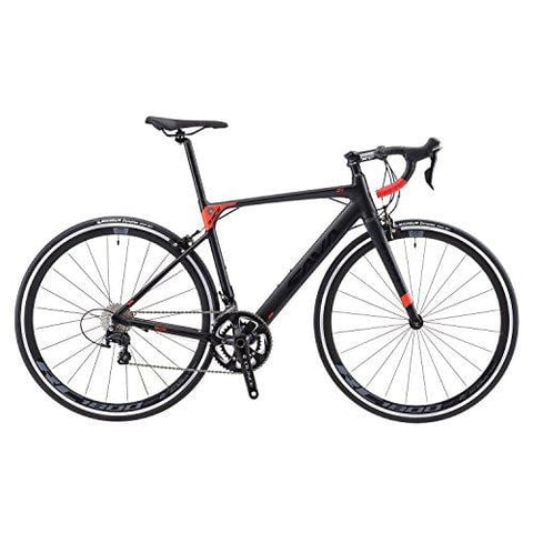 SAVADECK Aluminium Road Bike, R8 700C Carbon Fork Road Bicycle Light Aluminium Alloy Frame Road Bike with Shimano SORA R3000 18 Speed Derailleur System and Double V Brake Black Red 52CM