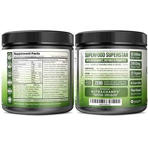Super Greens Powder Premium Superfood - 20+ Organic Green Veggie Whole Foods - Wheat Grass, Spirulina, Chlorella & More - Antioxidant, Digestive Enzyme & Probiotic Blends | Vegan Juice Supplement