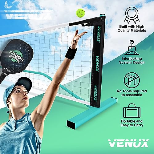 VENUX Portable Pickleball Net Set- Professional Pickleball Net System Complete Set 4 Upgraded Paddles 10 Balls + Carrying Bag Steel Metal Frame PE knotless Net Dual PVC Official Regulation Size