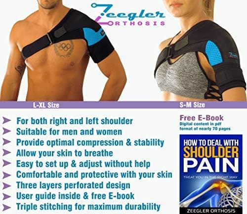 Shoulder Stability Brace - Adjustable Compression Sleeve & E- Book by Zeegler Orthosis -Rehabilitation Wrap for Torn Rotator Cuff Pain, Tears, Sprains, Bursitis, Labrum Tear, Tendinitis