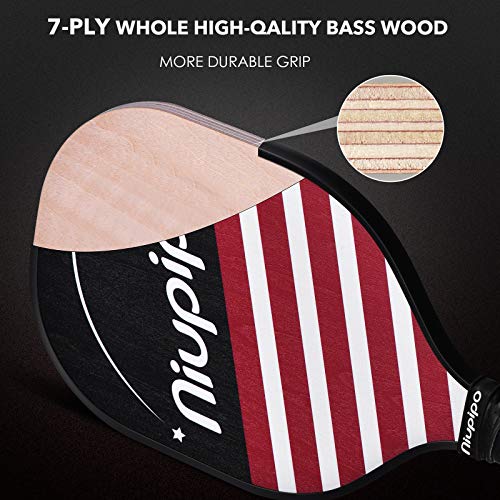 niupipo Pickleball Paddles, Pickleball Set 4 Paddles with 6 Balls and 1 Carry Bag, 7-ply Basswood Wood Pickleball Paddles, Safe Edge Guard, Cushioned Grip, Wooden Pickleball Paddle 4 Pack for Beginner