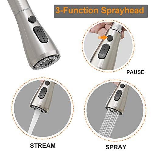 Hoimpro Commercial High-Arc Single Handle Kitchen Sink Faucet With Pull Out Sprayer, Modern Rv kitchen Faucet With Pull Down Sprayer, 3 Function Touch Water Faucet, Brass/Brushed Nickel(1 or 3 Hole)