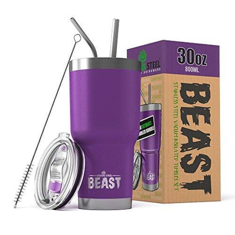 BEAST 30 oz Tumbler Stainless Steel Insulated Coffee Cup with Lid, 2 Straws, Brush & Gift Box (30 oz, Deep Purple)